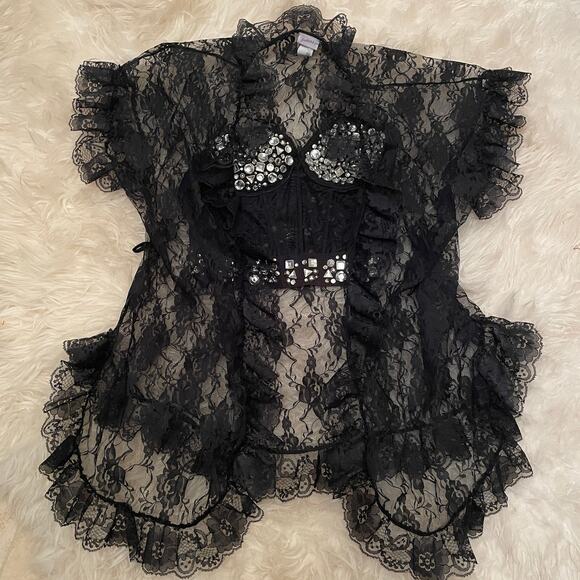 Vintage Frederick’s Hollywood Black Lace Ruffle Robe | OS Boudoir Kimono Y2K - Picture 8 of 8
